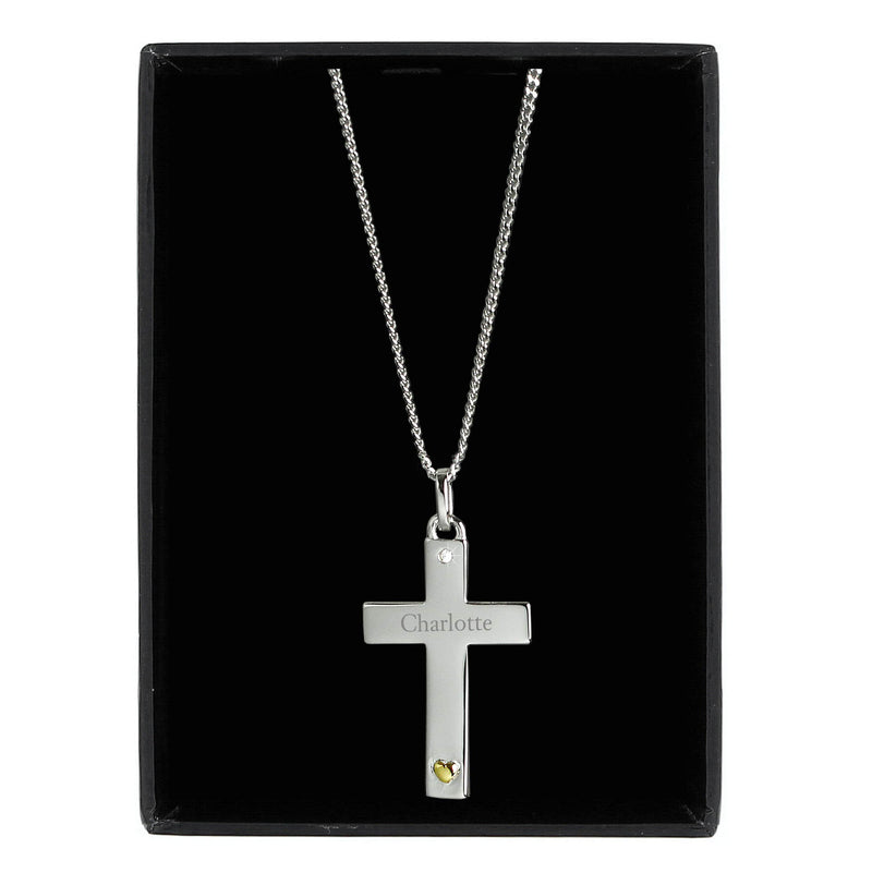 Personalised Memento Jewellery Personalised Sterling Silver Cross with 9ct Gold Heart & CZ Necklace