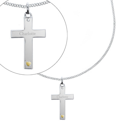 Personalised Memento Jewellery Personalised Sterling Silver Cross with 9ct Gold Heart & CZ Necklace