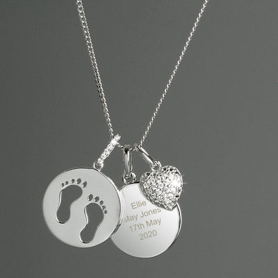 Personalised Memento Jewellery Personalised Sterling Silver Footprints and Cubic Zirconia Heart Necklace