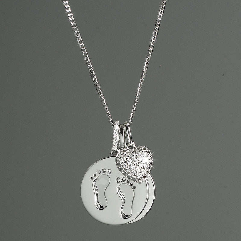 Personalised Memento Jewellery Personalised Sterling Silver Footprints and Cubic Zirconia Heart Necklace