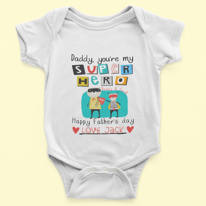 The Little Personal Shop Babygrows Personalised Superhero Dad Design