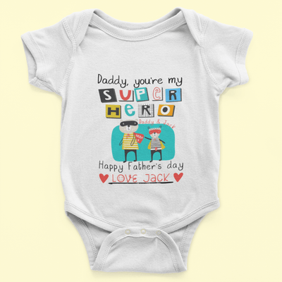 The Little Personal Shop Babygrows Personalised Superhero Dad Design