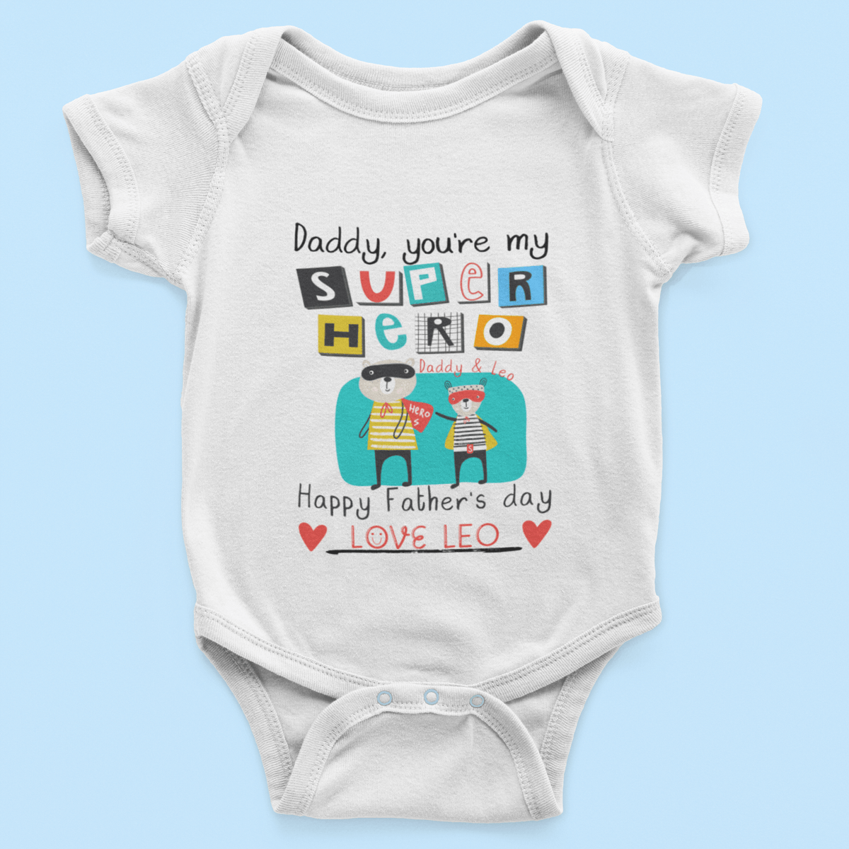 The Little Personal Shop Babygrows Personalised Superhero Dad Design