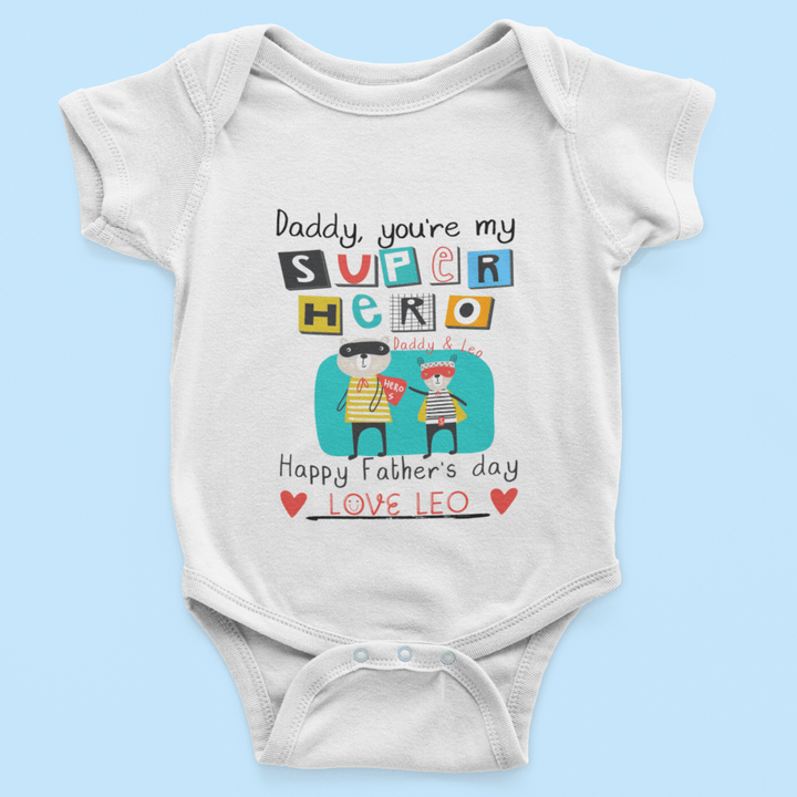 The Little Personal Shop Babygrows Personalised Superhero Dad Design