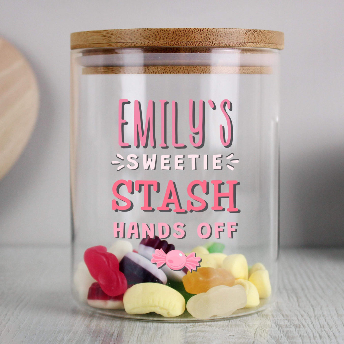 Personalised Memento Personalised Sweetie Stash Glass Jar with Bamboo Lid