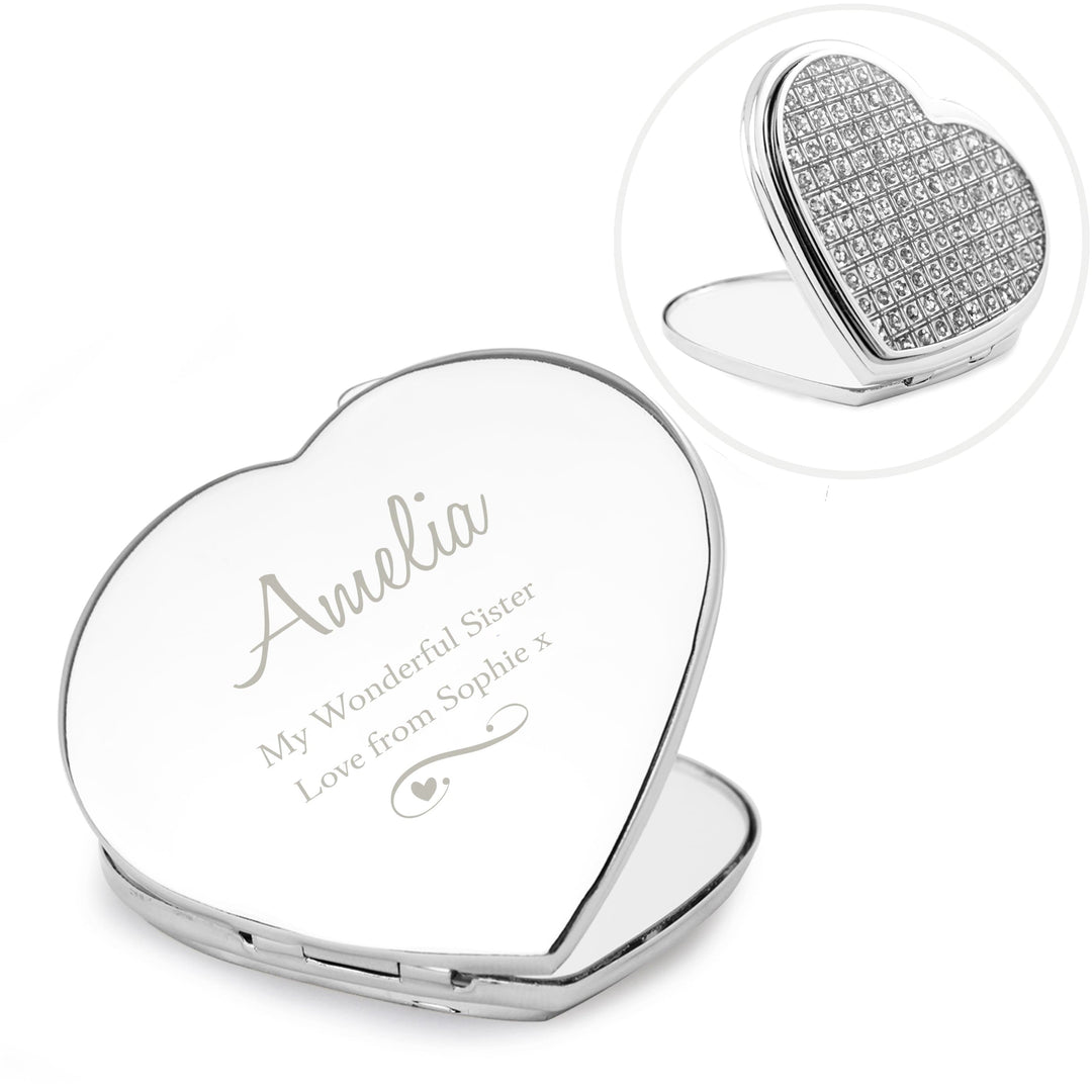 Personalised Memento Keepsakes Personalised Swirls &amp; Hearts Diamante Heart Compact Mirror