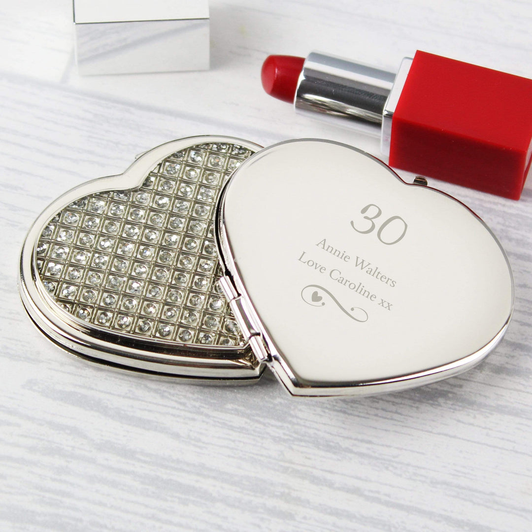 Personalised Memento Keepsakes Personalised Swirls &amp; Hearts Diamante Heart Compact Mirror