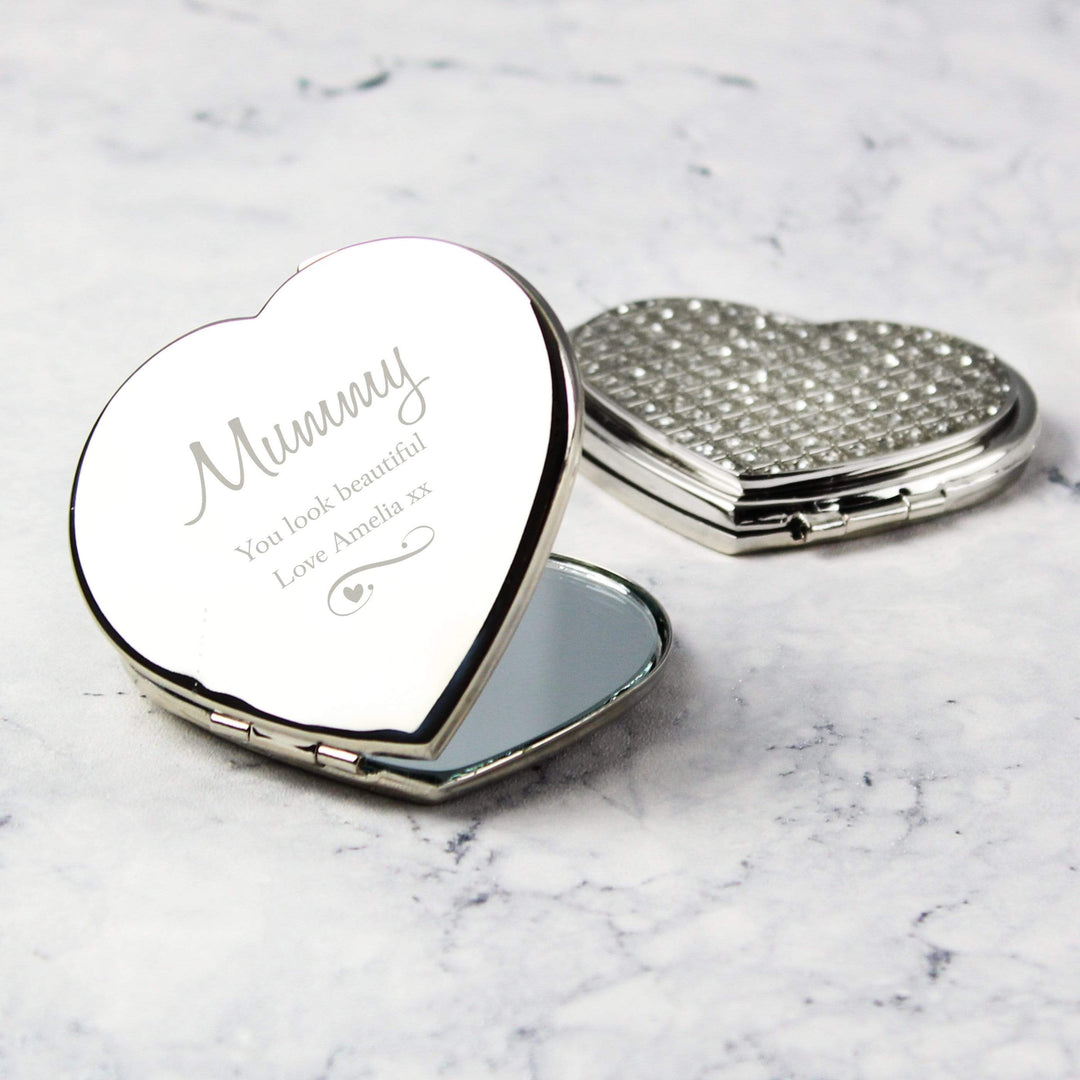 Personalised Memento Keepsakes Personalised Swirls &amp; Hearts Diamante Heart Compact Mirror