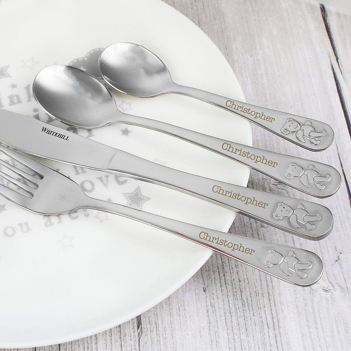 Personalised Memento Mealtime Essentials Personalised Teddy 4 Piece Embossed Cutlery Set