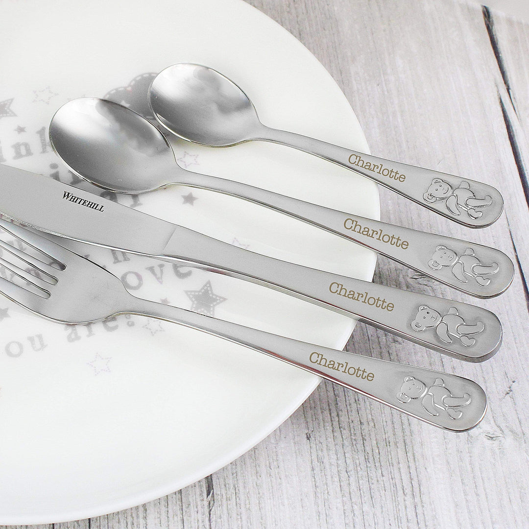 Personalised Memento Mealtime Essentials Personalised Teddy 4 Piece Embossed Cutlery Set