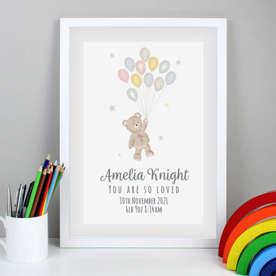 Personalised Memento Personalised Teddy & Balloons A3 White Framed Print