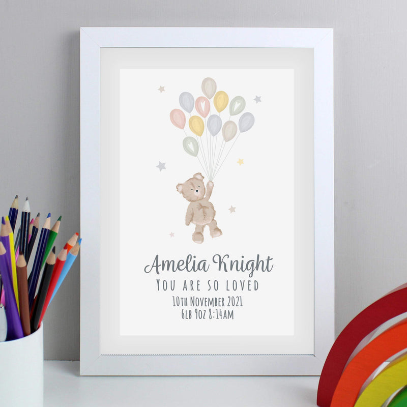 Personalised Memento Personalised Teddy & Balloons A4 White Framed Print