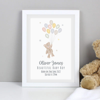 Personalised Memento Personalised Teddy & Balloons A4 White Framed Print