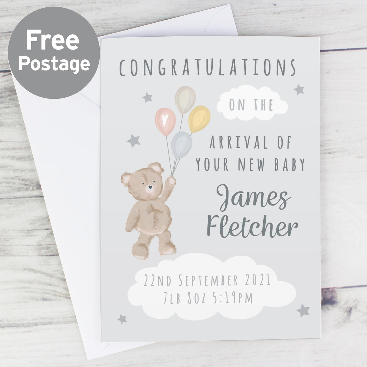 Personalised Memento Personalised Teddy & Balloons Card