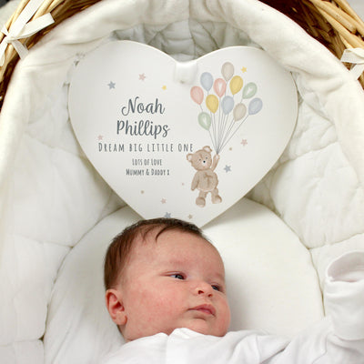 Personalised Memento Personalised Teddy & Balloons White Wooden Heart