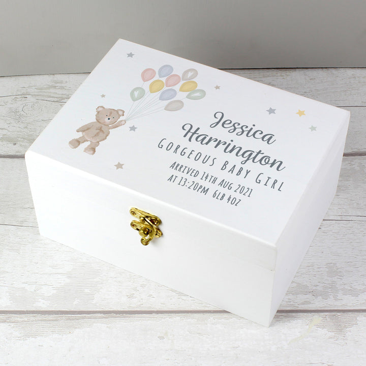 Personalised Memento Personalised Teddy &amp; Balloons White Wooden Keepsake Box