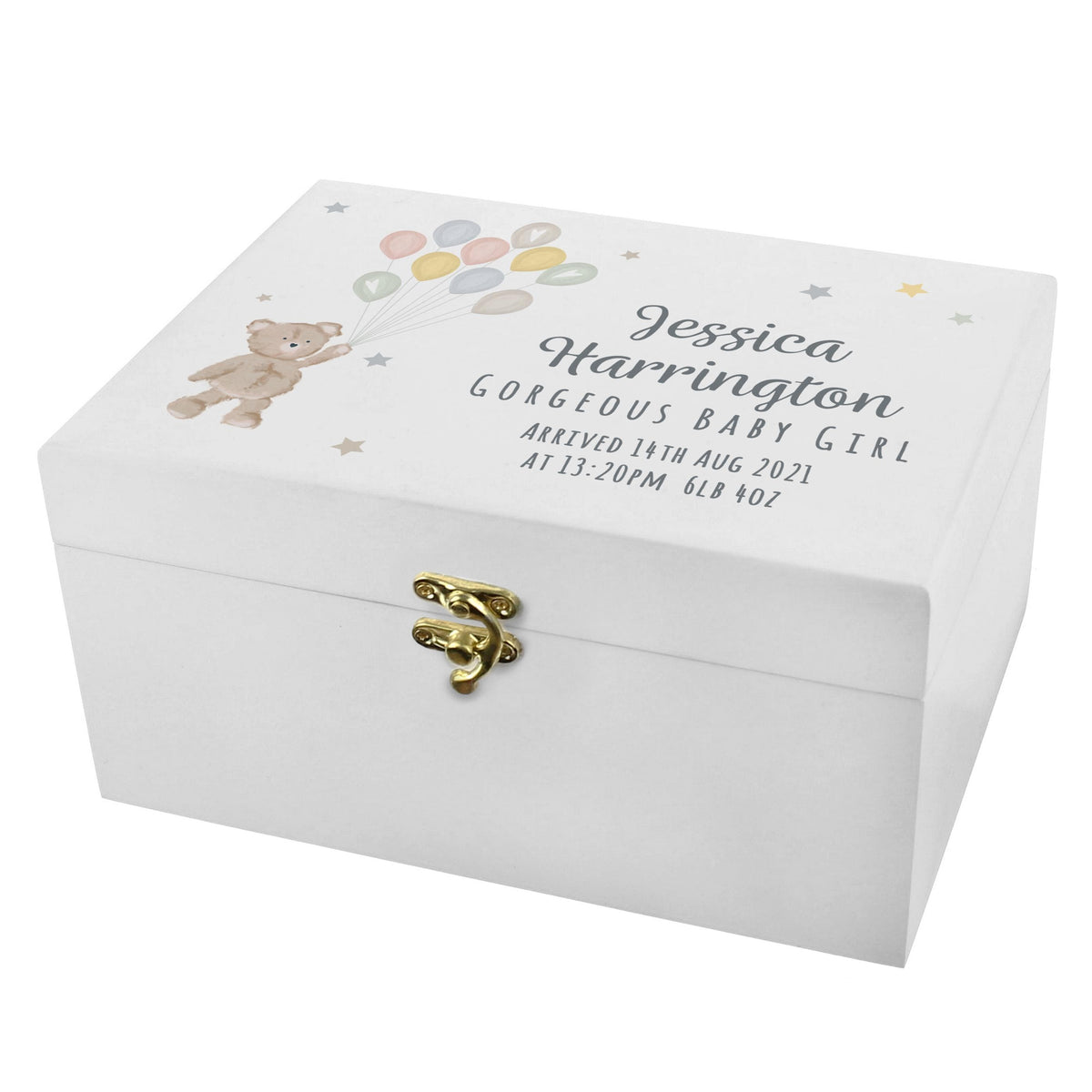 Personalised Memento Personalised Teddy & Balloons White Wooden Keepsake Box