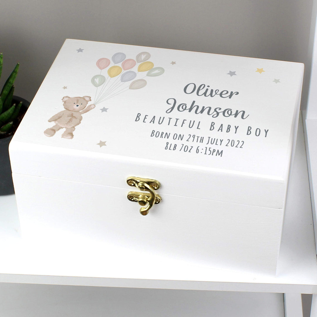 Personalised Memento Personalised Teddy &amp; Balloons White Wooden Keepsake Box