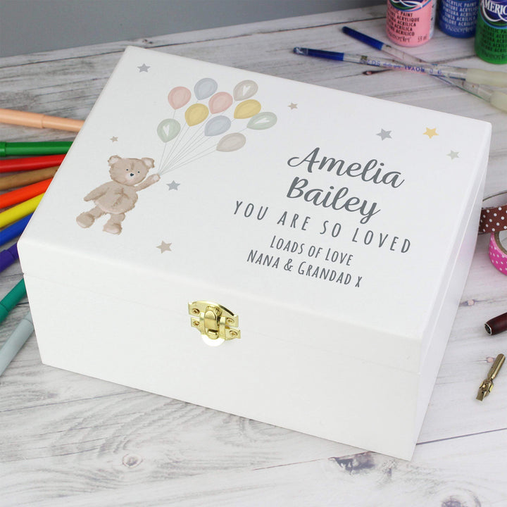 Personalised Memento Personalised Teddy &amp; Balloons White Wooden Keepsake Box