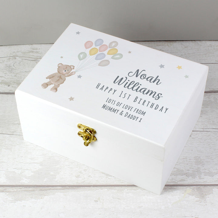 Personalised Memento Personalised Teddy &amp; Balloons White Wooden Keepsake Box