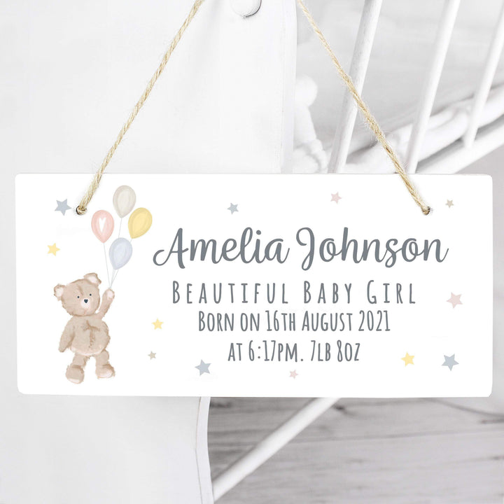 Personalised Memento Personalised Teddy &amp; Balloons White Wooden Sign