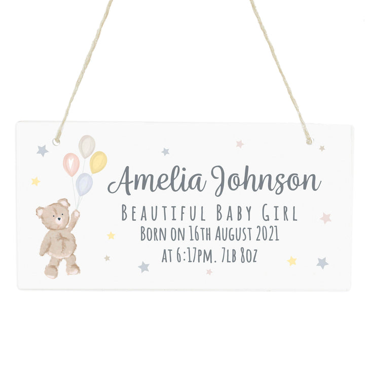 Personalised Memento Personalised Teddy &amp; Balloons White Wooden Sign