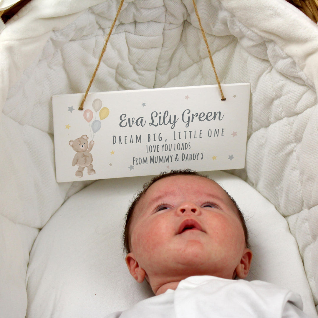 Personalised Memento Personalised Teddy &amp; Balloons White Wooden Sign