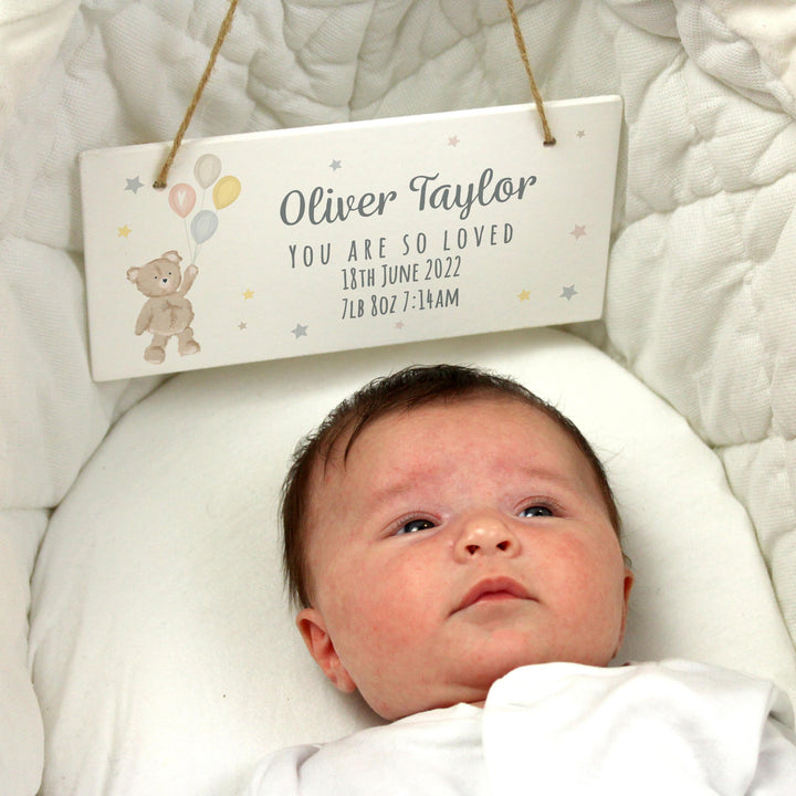 Personalised Memento Personalised Teddy &amp; Balloons White Wooden Sign