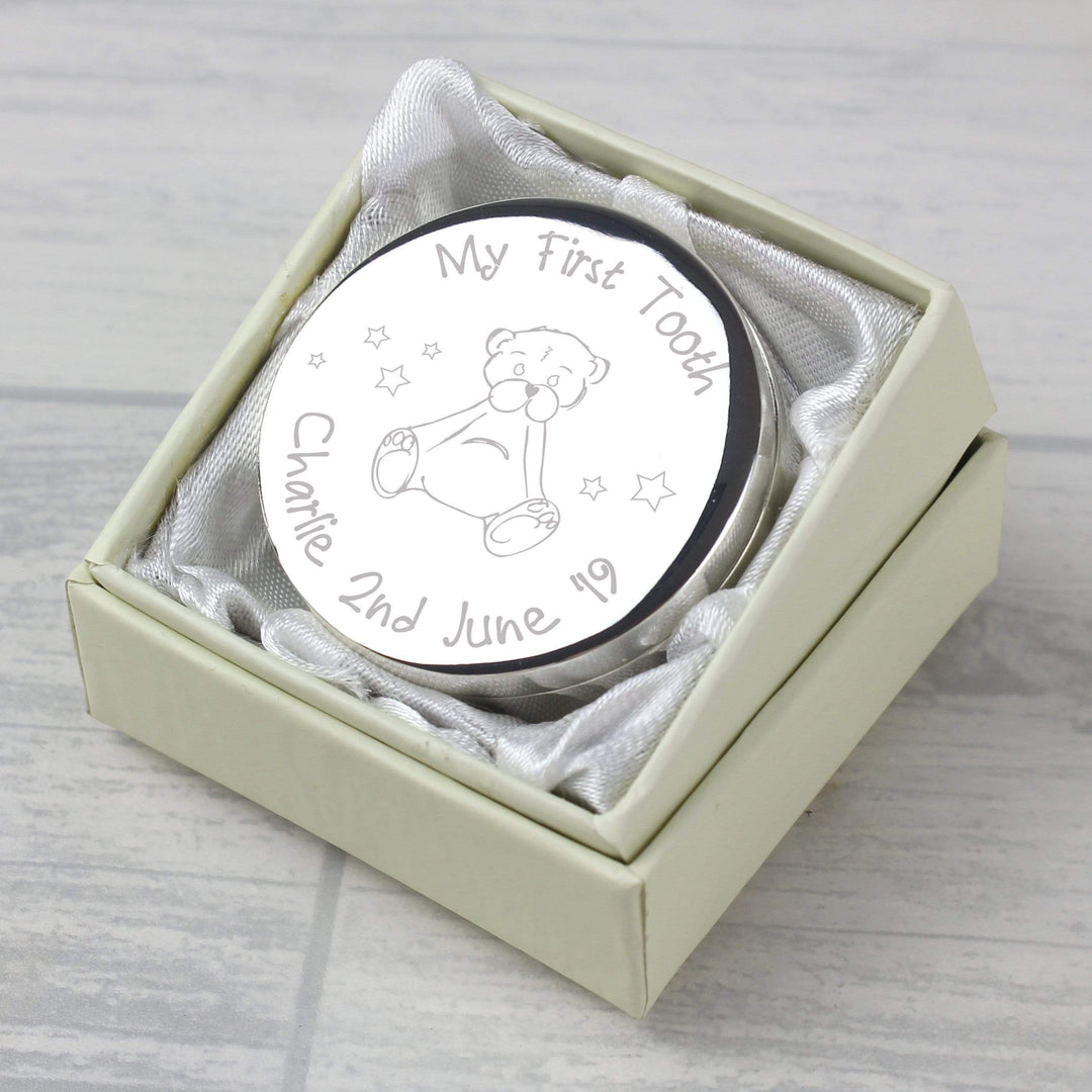 Personalised Memento Trinket, Jewellery &amp; Keepsake Boxes Personalised Teddy My First Tooth Trinket Box