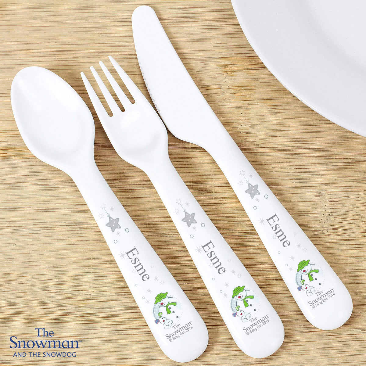Personalised Memento Mealtime Essentials Personalised The Snowman and the Snowdog 3 Piece Plastic Cutlery Set