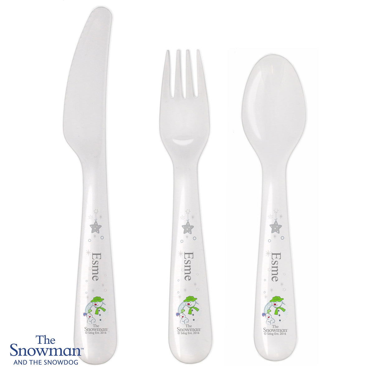 Personalised Memento Mealtime Essentials Personalised The Snowman and the Snowdog 3 Piece Plastic Cutlery Set