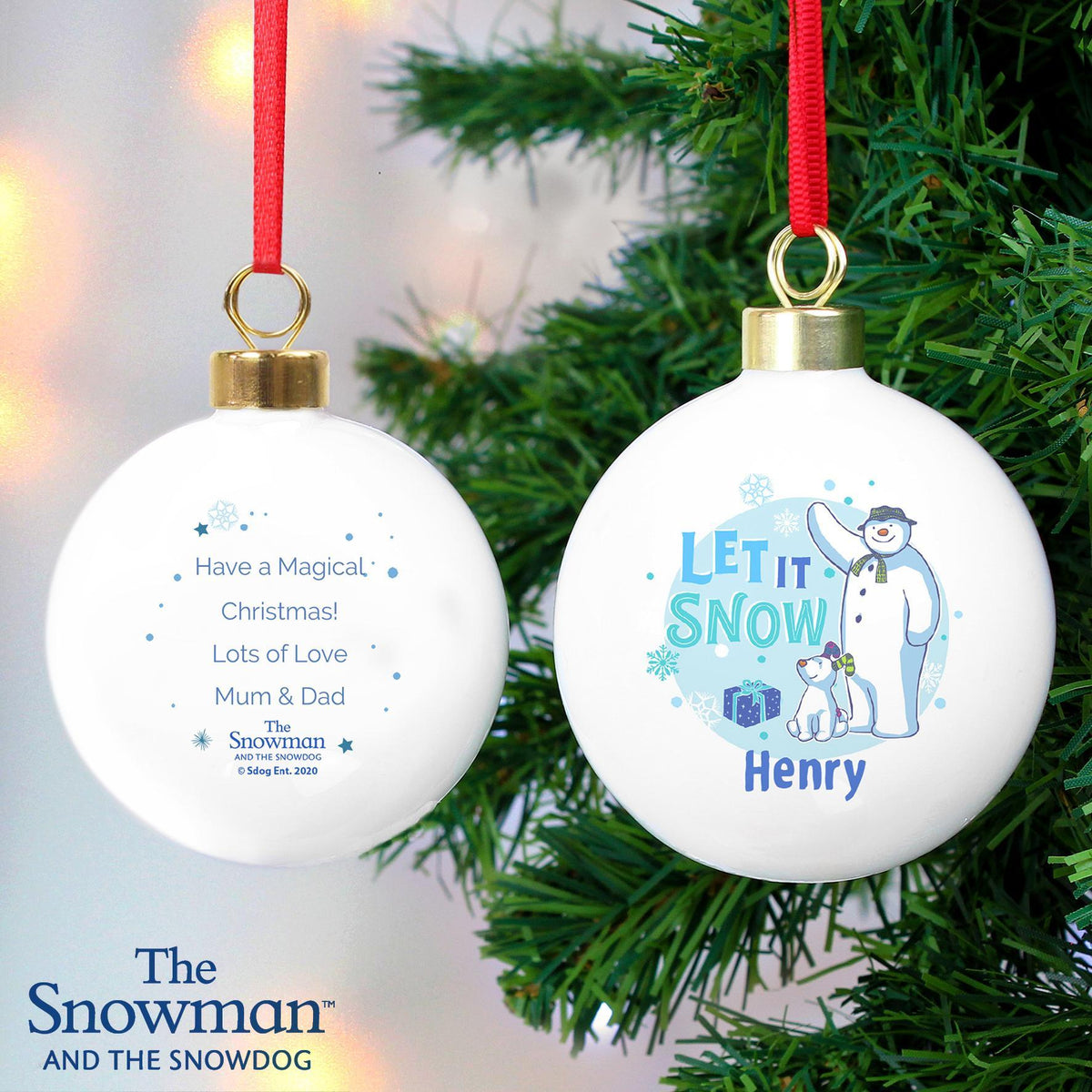 Personalised Memento Personalised The Snowman and the Snowdog Blue Bauble