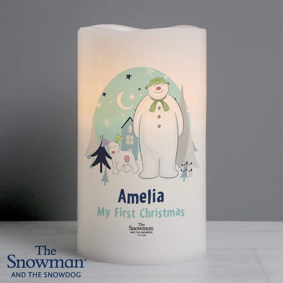 Personalised Memento LED Lights, Candles &amp; Decorations Personalised The Snowman and the Snowdog LED Candle