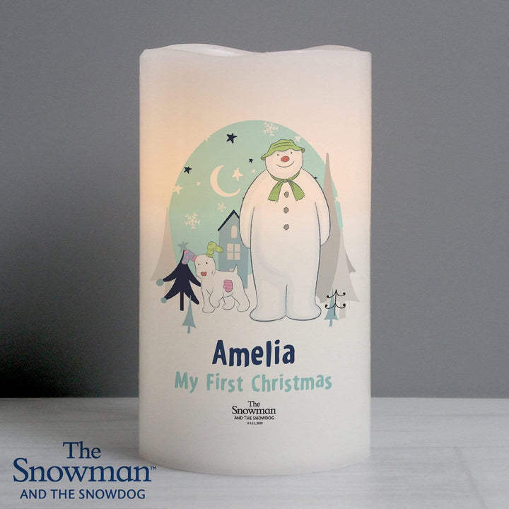 Personalised Memento LED Lights, Candles &amp; Decorations Personalised The Snowman and the Snowdog LED Candle