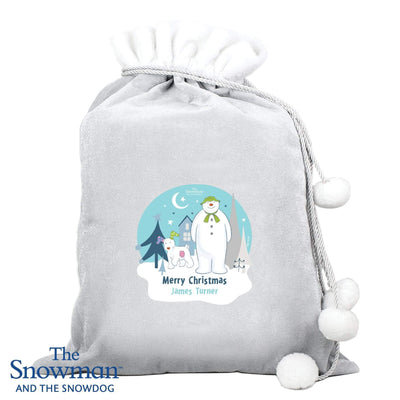 Personalised Memento Christmas Decorations Personalised The Snowman and the Snowdog Luxury Silver Grey Pom Pom Sack