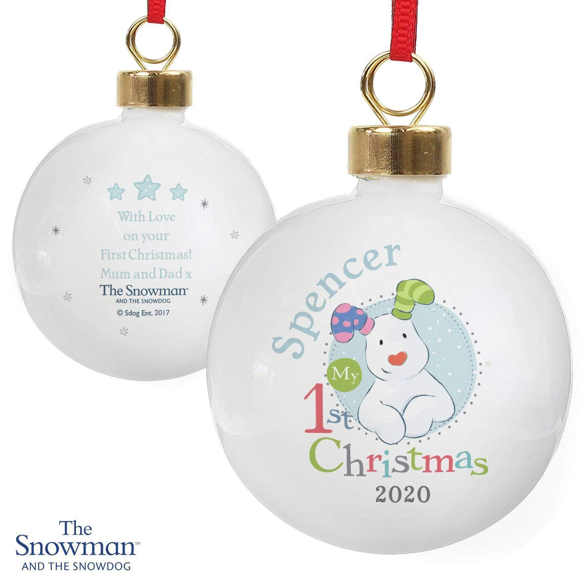 Personalised Memento Personalised The Snowman and the Snowdog My 1st Christmas Blue Bauble