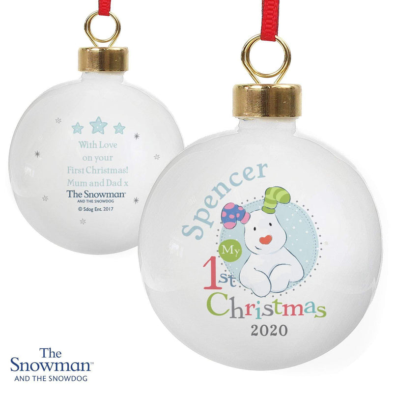 Personalised Memento Personalised The Snowman and the Snowdog My 1st Christmas Blue Bauble