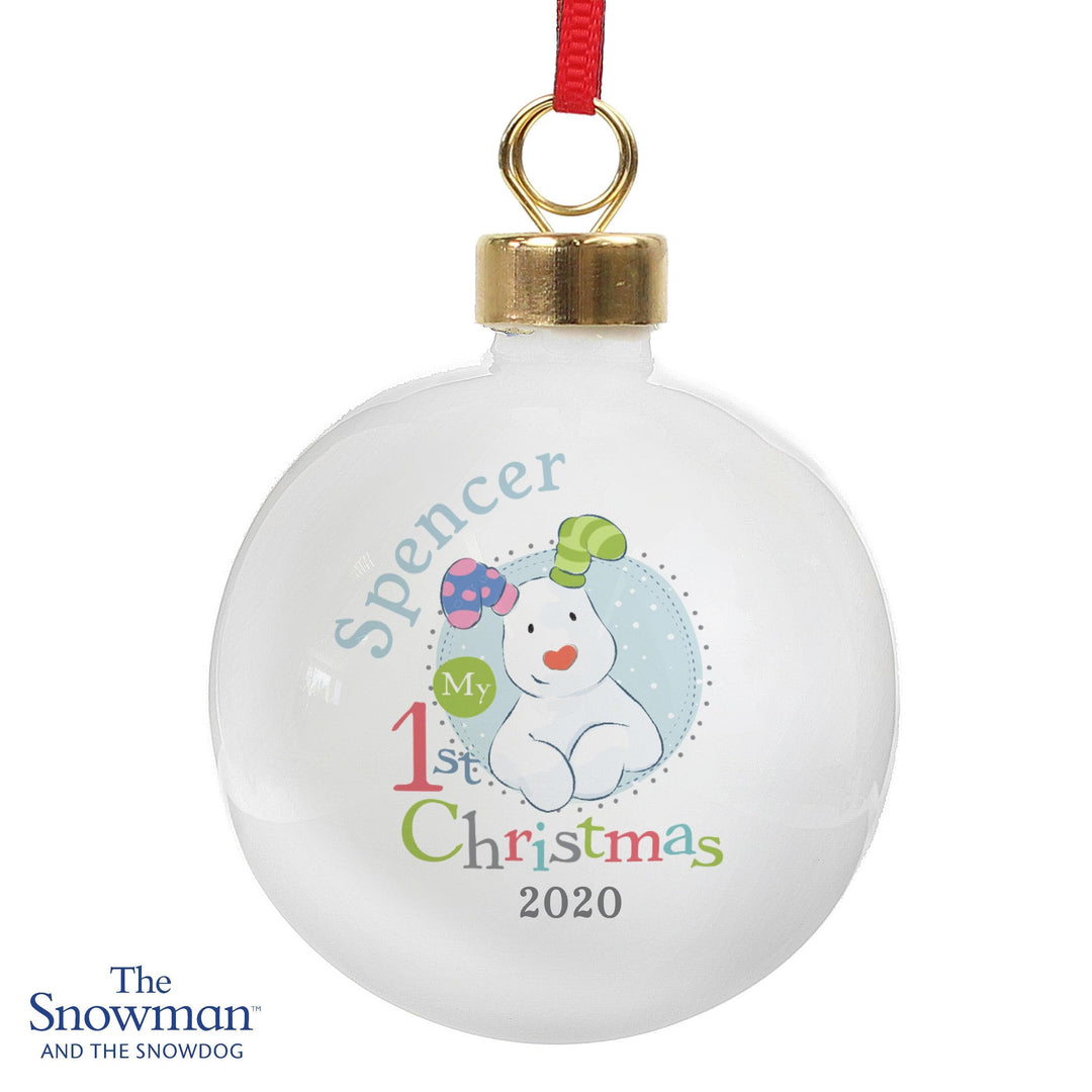 Personalised Memento Personalised The Snowman and the Snowdog My 1st Christmas Blue Bauble