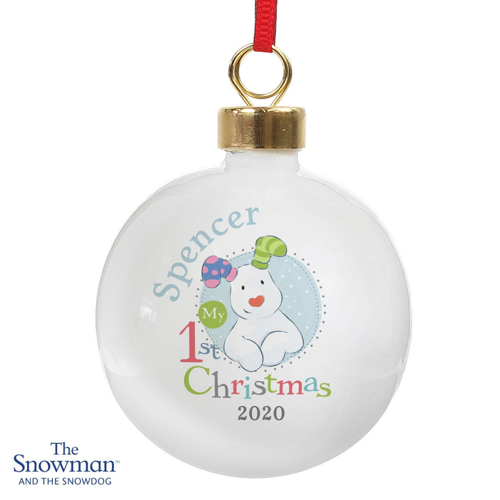 Personalised Memento Personalised The Snowman and the Snowdog My 1st Christmas Blue Bauble