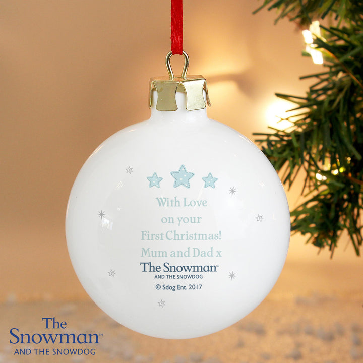 Personalised Memento Personalised The Snowman and the Snowdog My 1st Christmas Blue Bauble