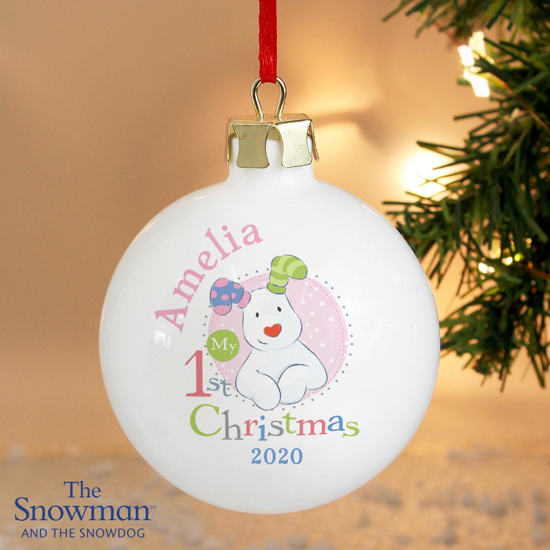 Personalised Memento Personalised The Snowman and the Snowdog My 1st Christmas Pink Bauble