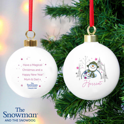 Personalised Memento Personalised The Snowman and the Snowdog Pink Bauble