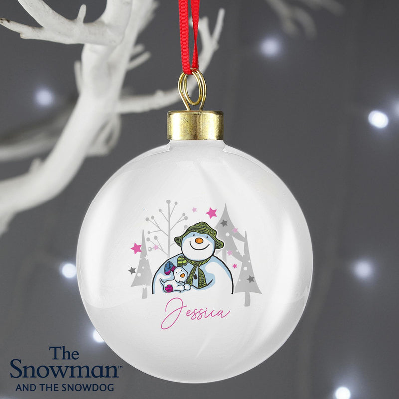 Personalised Memento Personalised The Snowman and the Snowdog Pink Bauble