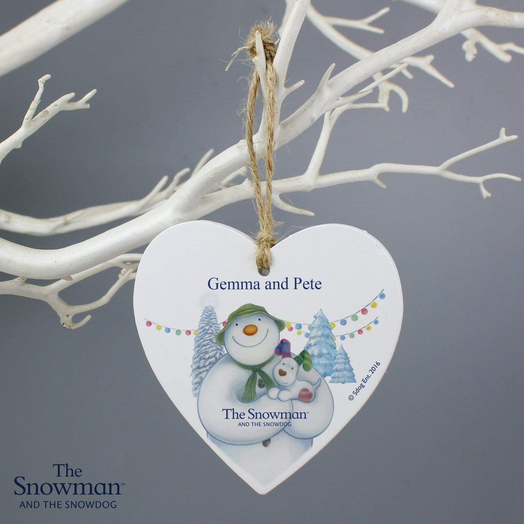 Personalised Memento Wooden Personalised The Snowman and the Snowdog Wooden Heart Decoration