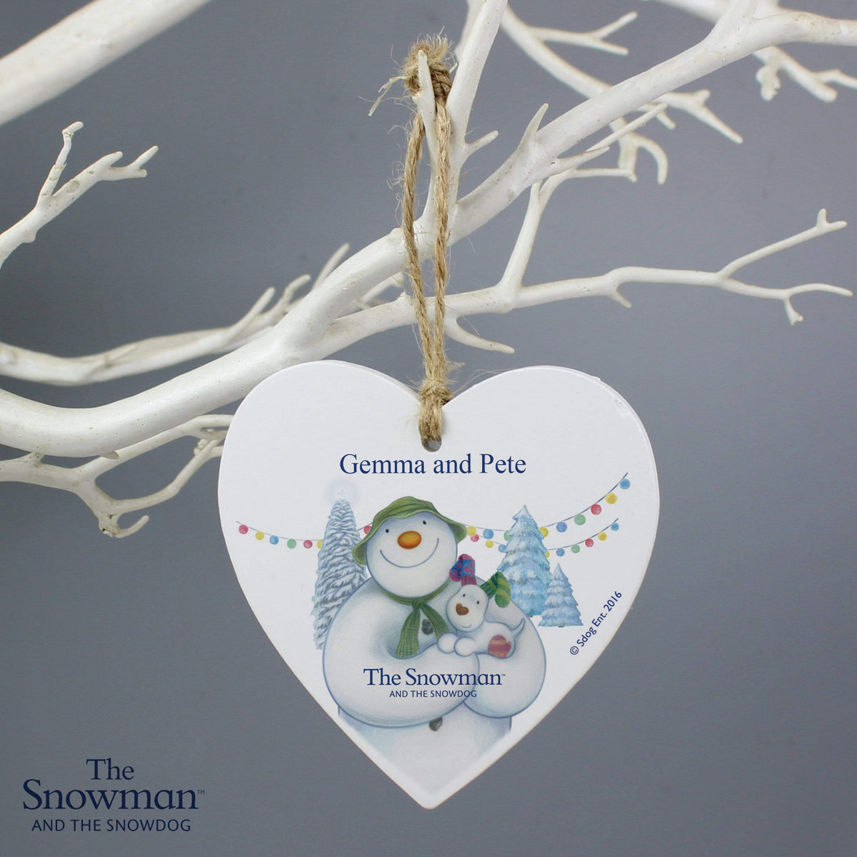 Personalised Memento Wooden Personalised The Snowman and the Snowdog Wooden Heart Decoration