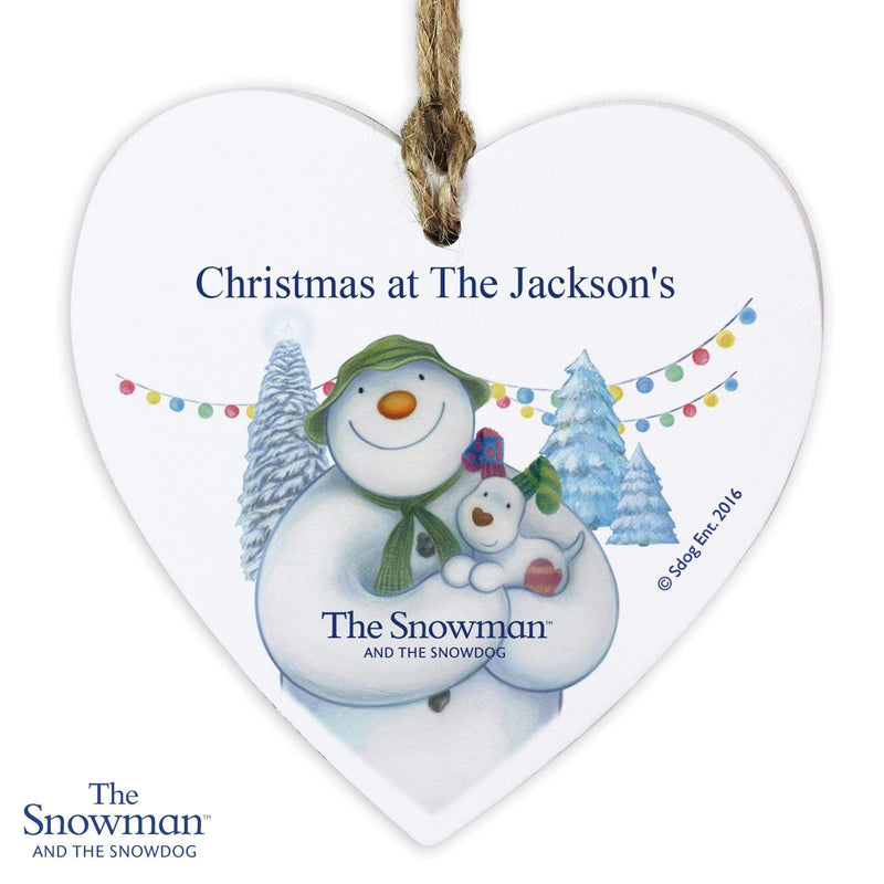 Personalised Memento Wooden Personalised The Snowman and the Snowdog Wooden Heart Decoration