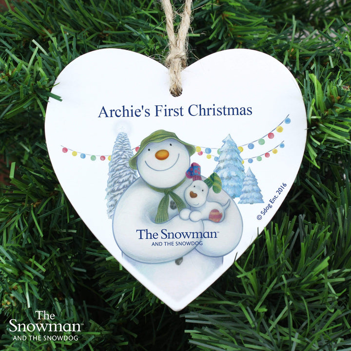 Personalised Memento Wooden Personalised The Snowman and the Snowdog Wooden Heart Decoration