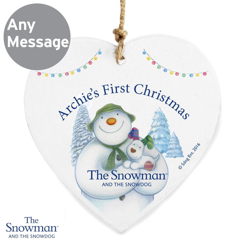 Personalised Memento Wooden Personalised The Snowman and the Snowdog Wooden Heart Decoration