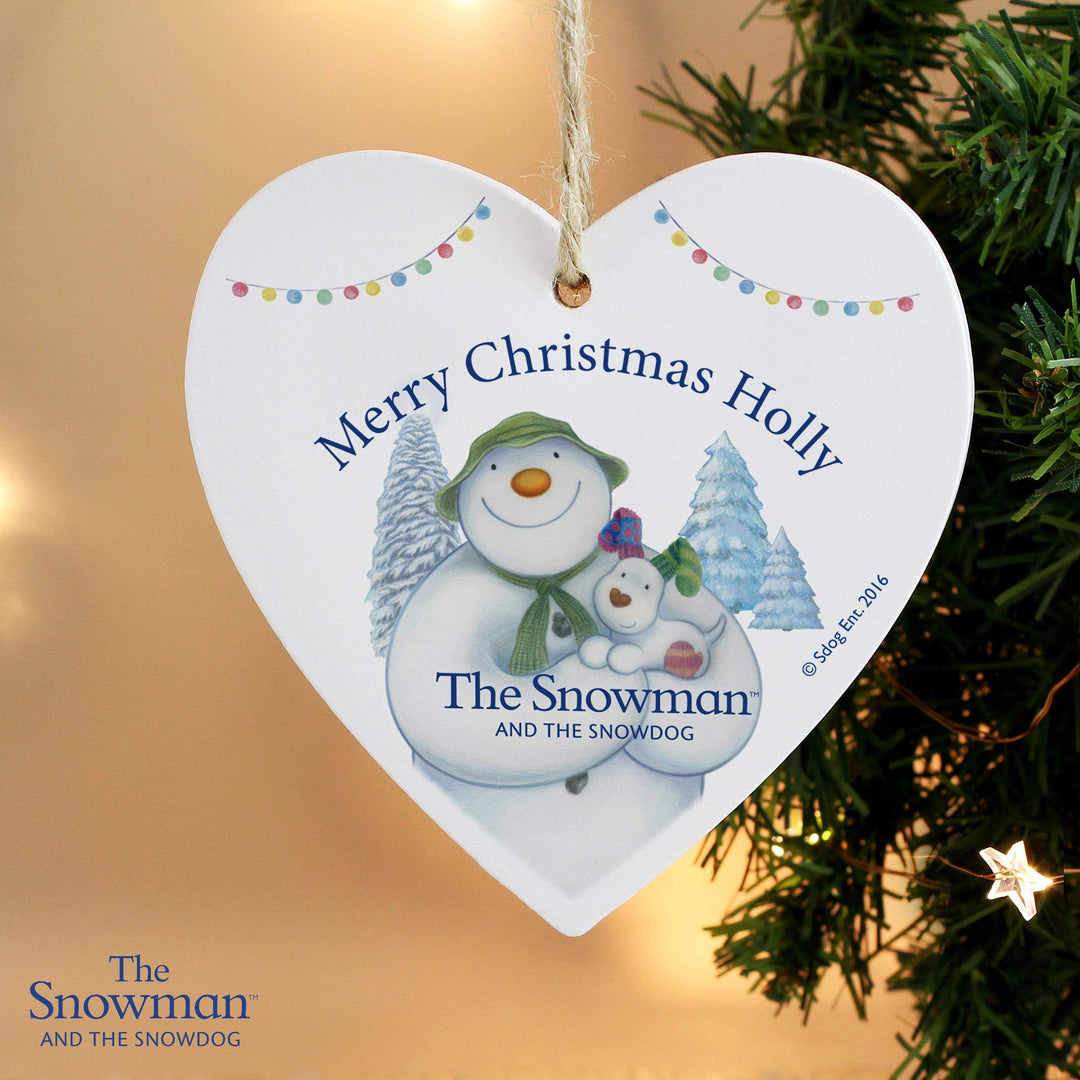 Personalised Memento Wooden Personalised The Snowman and the Snowdog Wooden Heart Decoration