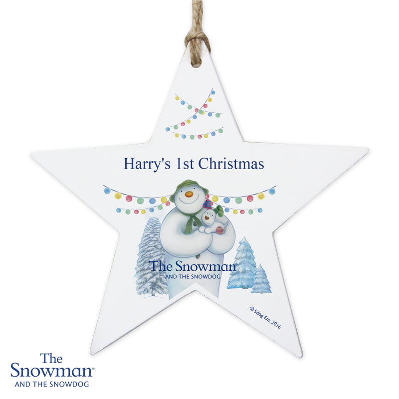 Personalised Memento Hanging Decorations & Signs Personalised The Snowman and the Snowdog Wooden Star Decoration